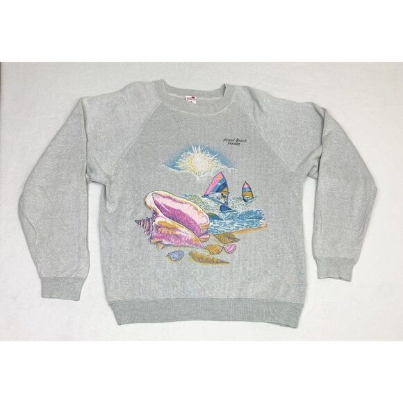 Vintage Miami Florida Sweatshirt Grey XL Seashells Tourist Wind Surfing Beach - Picture 2 of 7